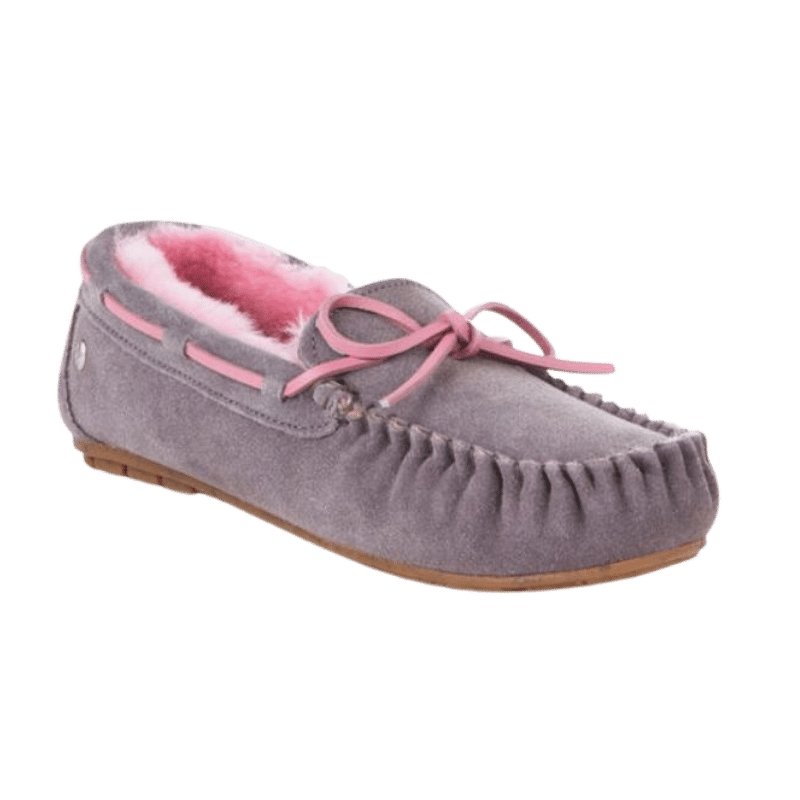 Amity in Grey/Pink | Sheepskin Moccasin Ugg Slippers | The Bower Tasmania