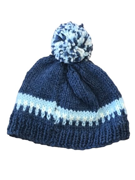 Hand Knitted Beanie in blue with light blue stripe and pom pom | The Bower Tasmania