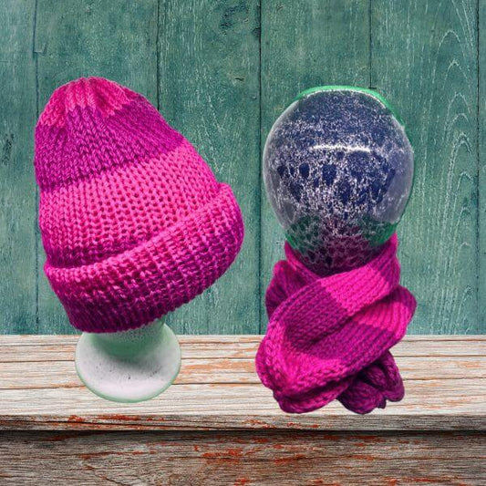 Handmade Double Layered Pink Striped Beanie | Skeinies - Use it as a Beanie or pull apart for a scarf